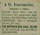Advertentie Horlogemaker J.D. Ensemeier te Zuidland (1881)